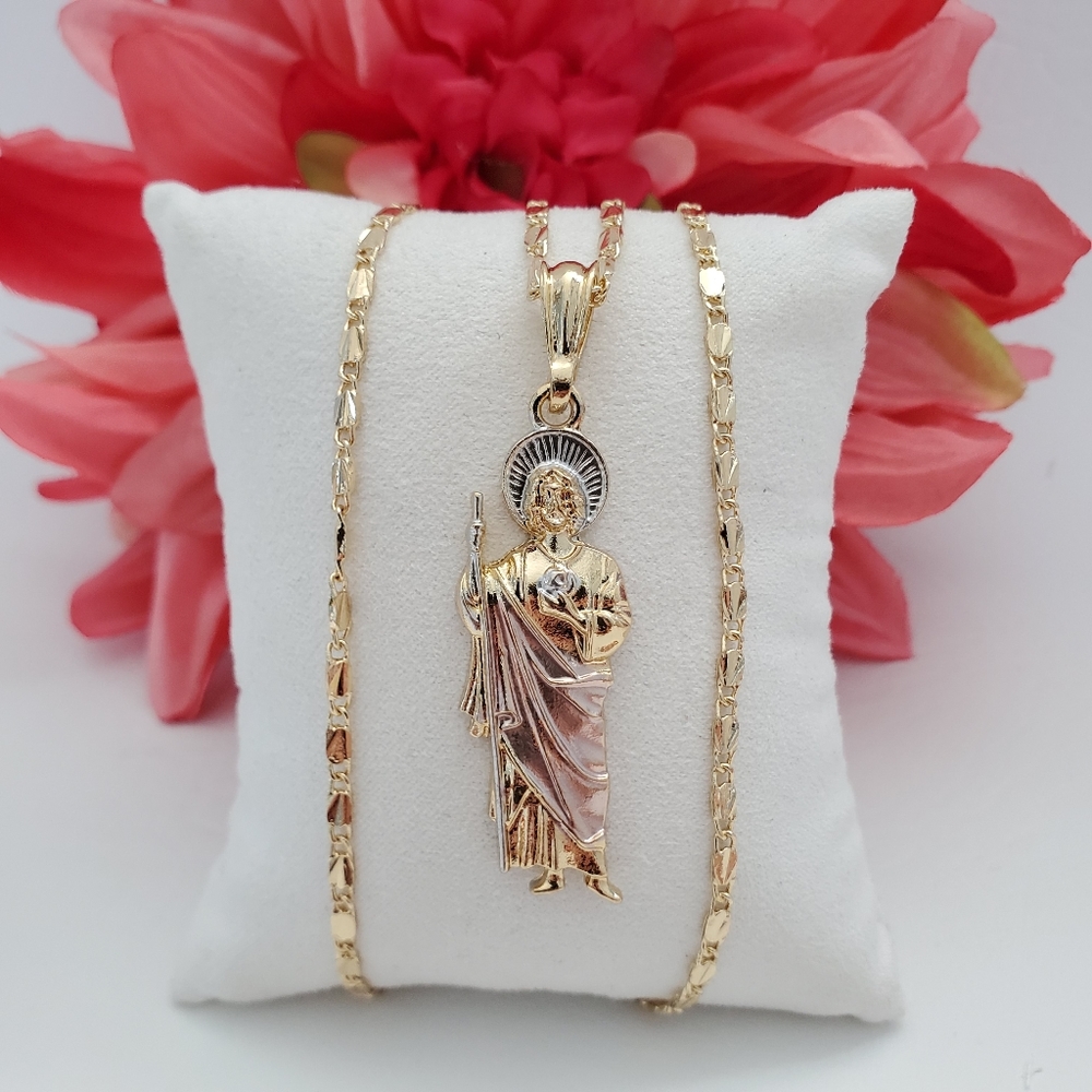 St Jude Tri Color Figure Gold Plated Necklace